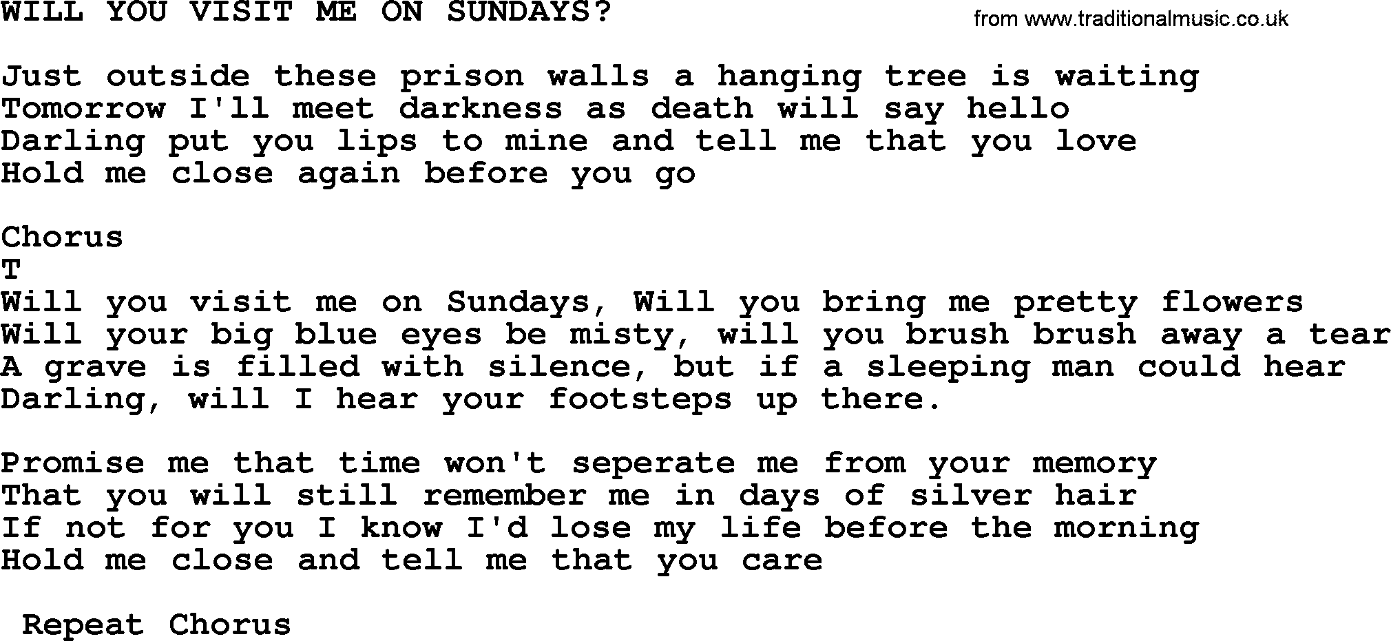 Merle Haggard song: Will You Visit Me On Sundays_, lyrics.